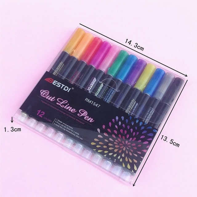 12 pcs/set Outline Metallic Markers Double Line Magic Shimmer Paint Pens for Student Kids Art Drawing Signature Coloring Journal - AVA Health and Wellness Boutique